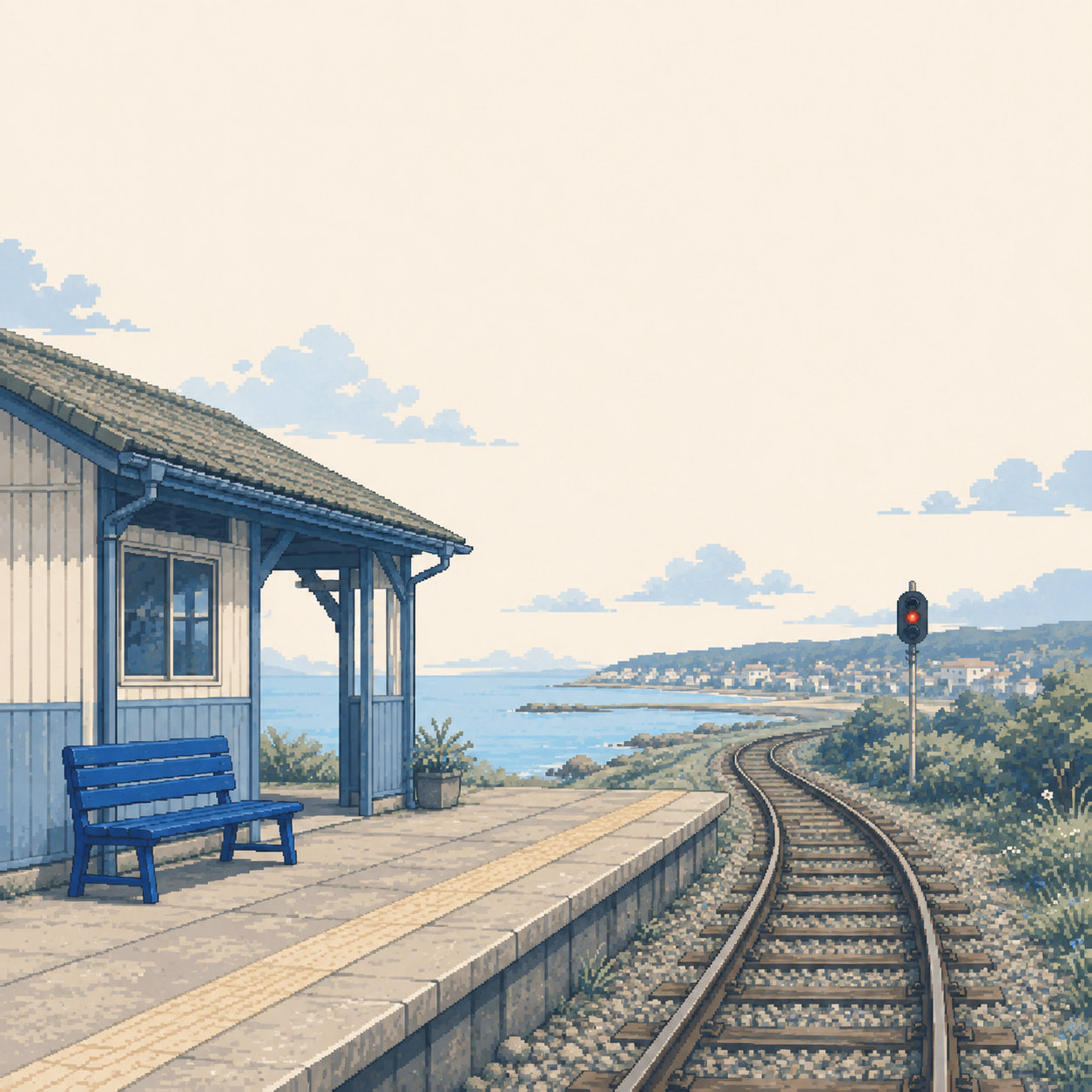 다음 여정을 기다리는 역의 픽셀 삽화